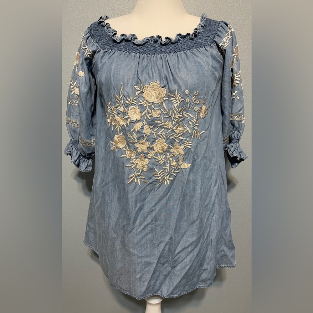 Zara Bardot Embroidered Boho Mini Dress Blue Off Shoulder Western Coastal Medium